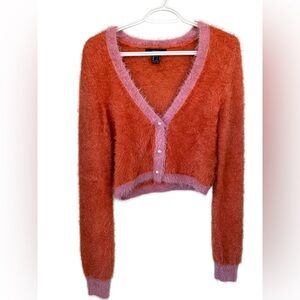 Pink and orange fuzzy cropped cardigan colorblock Y2K large